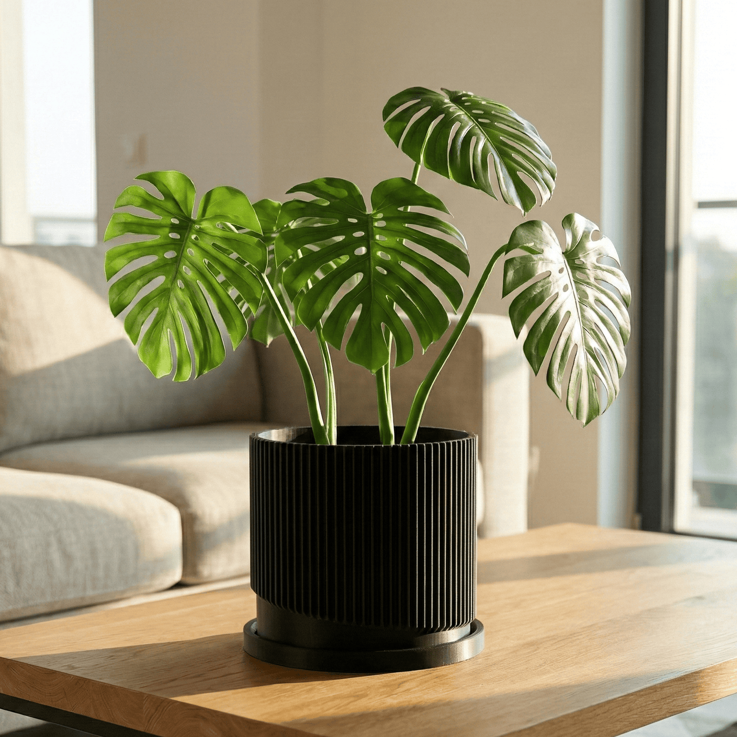 Mid-Century Ribbed Planter with Drainage and Saucer in Multiple Colors, 3D Printed Planter with Unique Modern Design, Lightweight, Wave