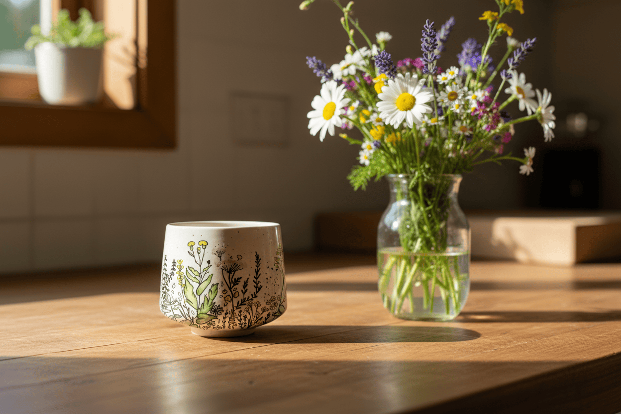 Ceramic mug with floral design and glass vase with flowers on a wooden surface.
