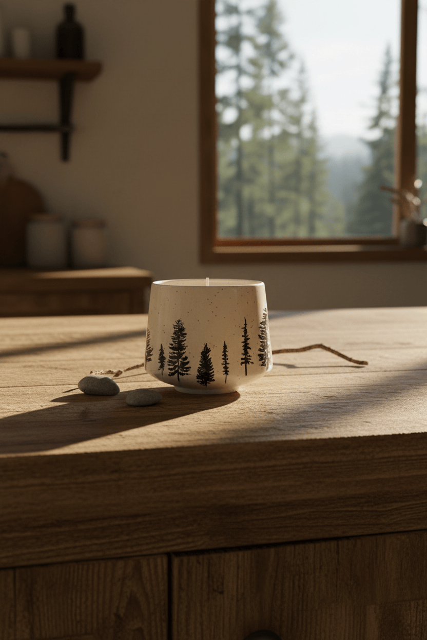 Ceramic cup with black tree pattern on a white background