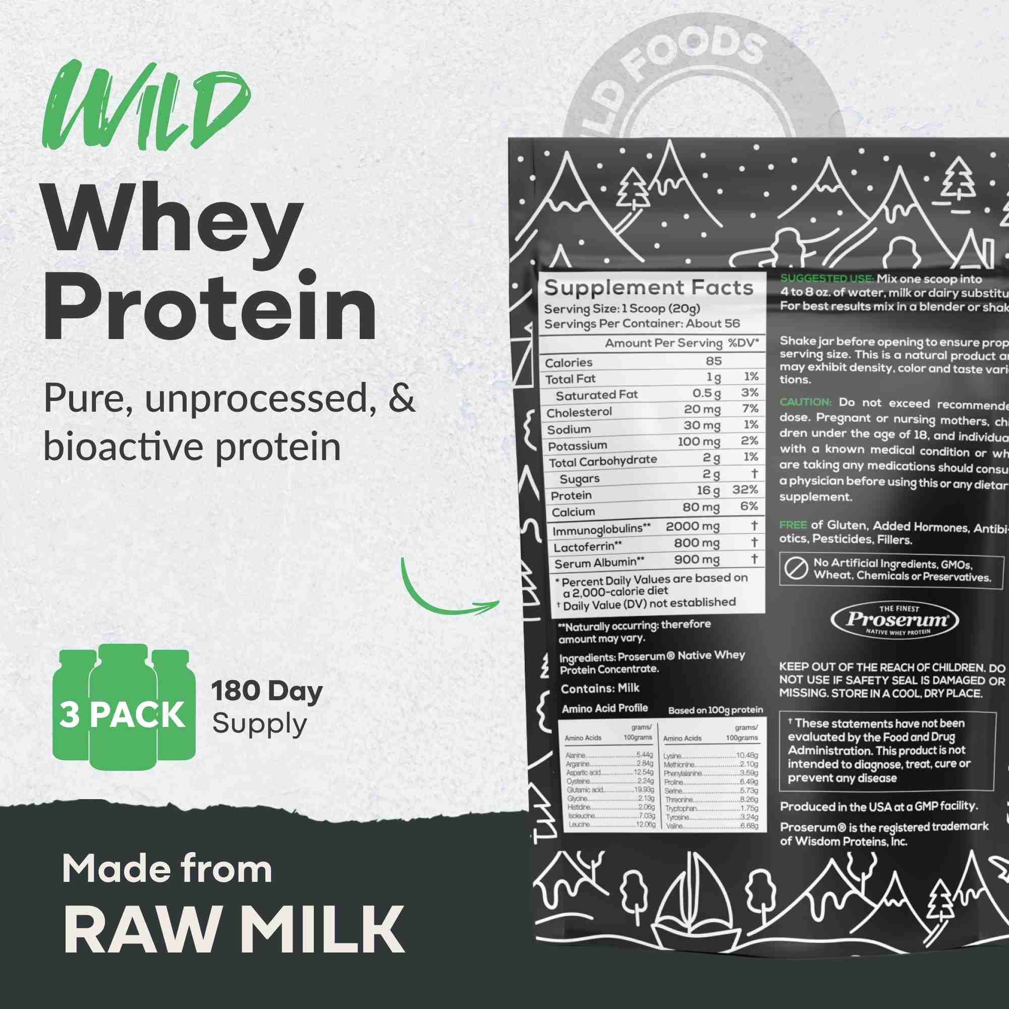 Wild Foods Protein 1x 1.3lb Cold Process Grass-Fed Whey Protein, Non-denatured, Pasture-Raised Cows