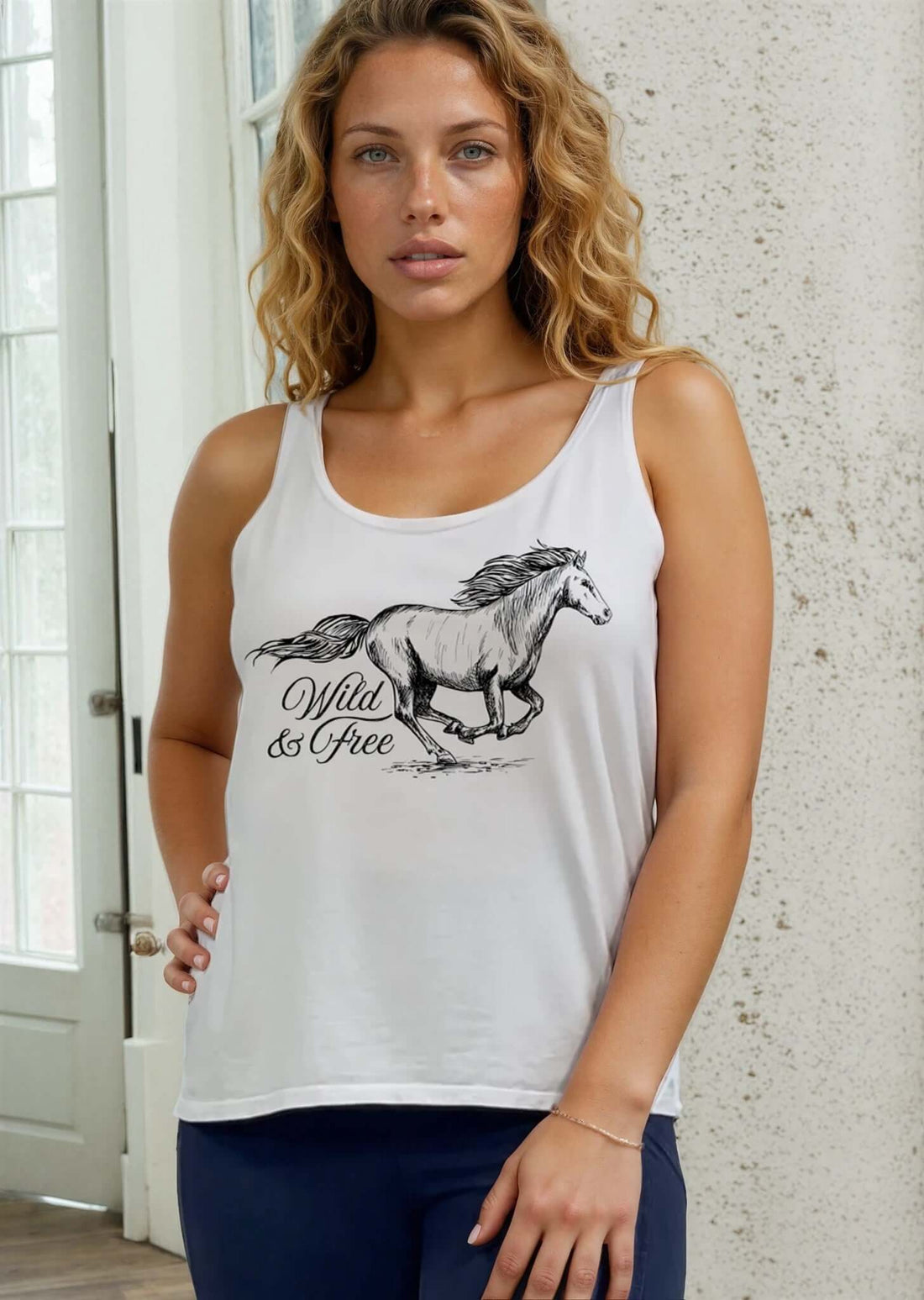 Classy Cozy Cool Sleeveless Tops and Tanks White / WILD &amp; FREE HORSE GRAPHIC / Small Wild and Free Horse Graphic Premium USA Cotton Tank Top