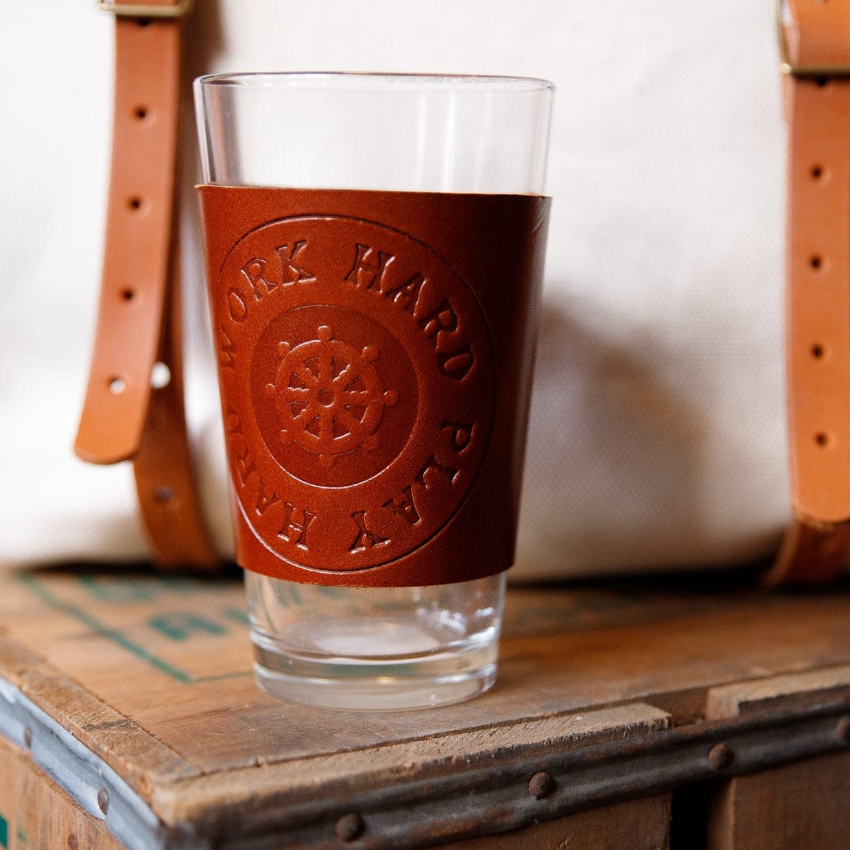 The Local Branch Leather Work Hard Play Hard / Caramel Leather Pint Glass  - USA Made