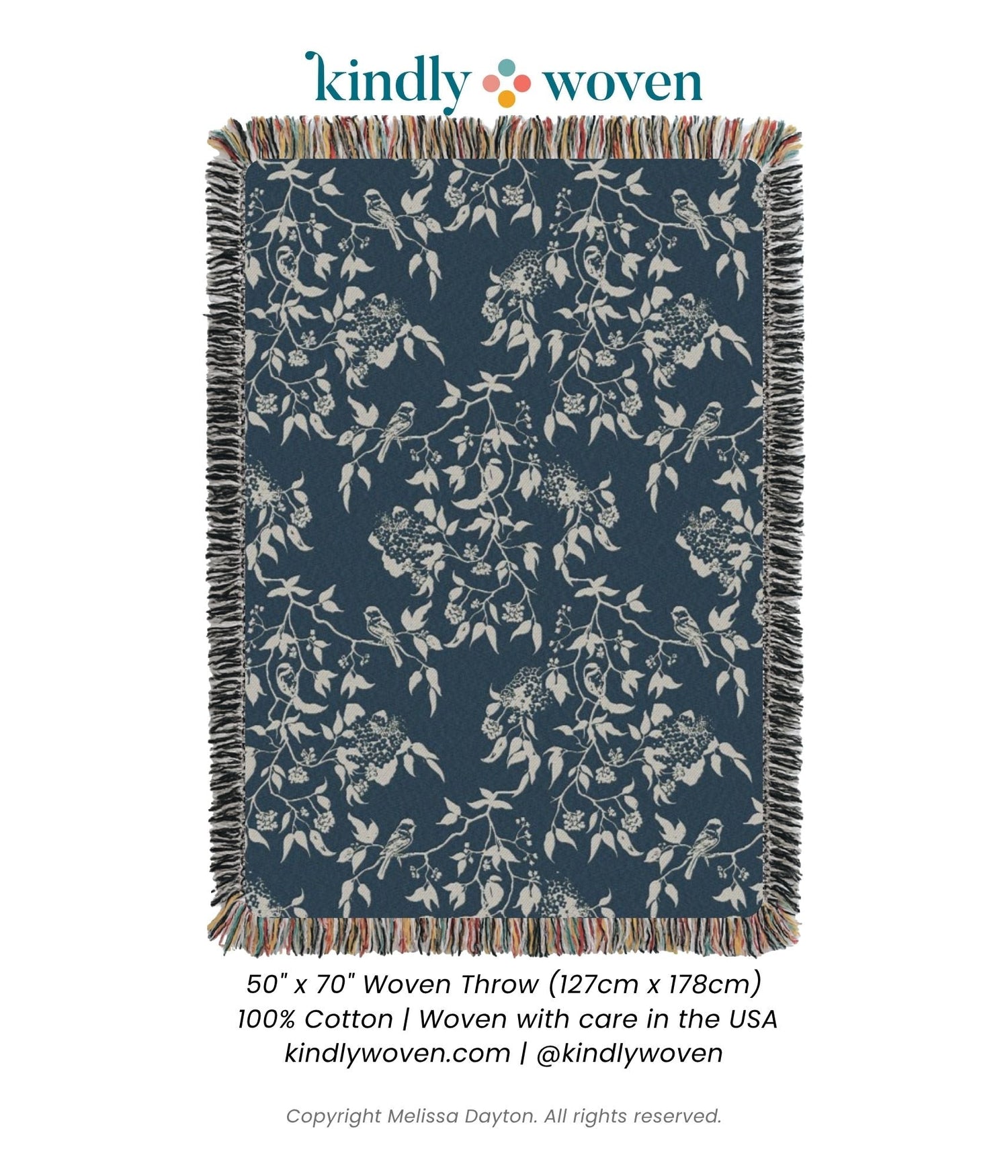 Wren Tidesong Teal Bird &amp; Botanical Cotton Throw Blanket