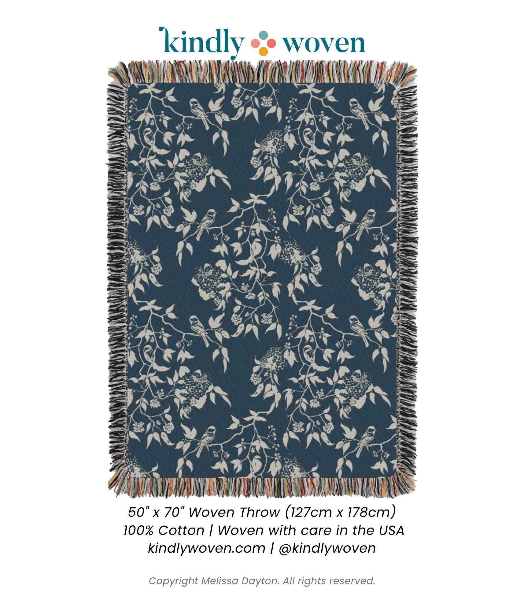 Wren Tidesong Teal Bird &amp; Botanical Cotton Throw Blanket