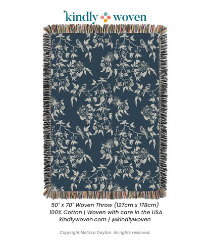 Wren Tidesong Teal Bird &amp; Botanical Cotton Throw Blanket