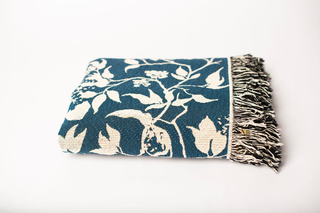 Wren Tidesong Teal Bird &amp; Botanical Cotton Throw Blanket