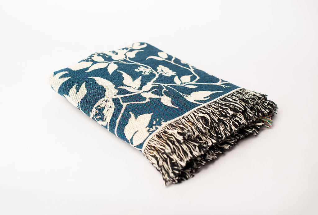 Wren Tidesong Teal Bird &amp; Botanical Cotton Throw Blanket