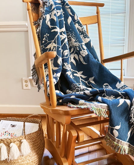 Wren Tidesong Teal Bird &amp; Botanical Cotton Throw Blanket