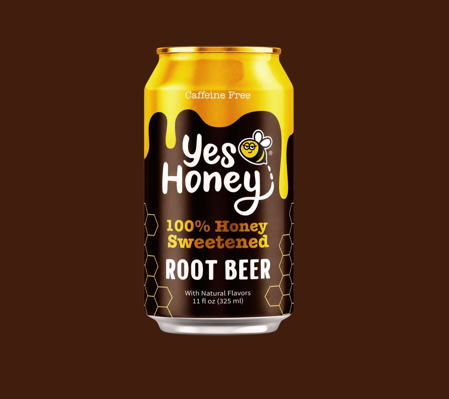 An 11 fl oz can of Yes Honey 100% Honey Sweetened Root Beer, featuring a black and gold label with a honey bee logo, set against a solid dark brown background.