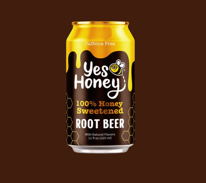 An 11 fl oz can of Yes Honey 100% Honey Sweetened Root Beer, featuring a black and gold label with a honey bee logo, set against a solid dark brown background.