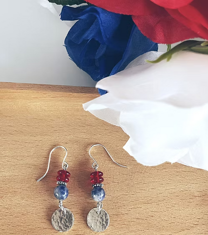 Red white blue silver disc earrings