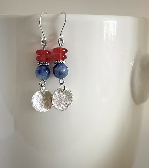 Red white blue silver disc earrings