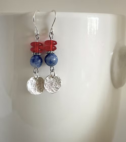 Red white blue silver disc earrings