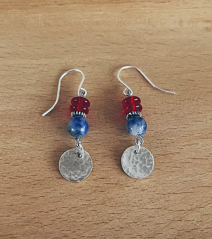 Red white blue silver disc earrings
