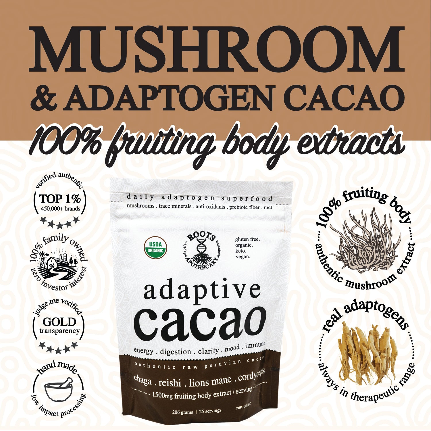 Adaptive Cacao packaging with branding and product details on a brown and white background