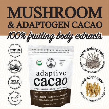 Adaptive Cacao packaging with branding and product details on a brown and white background