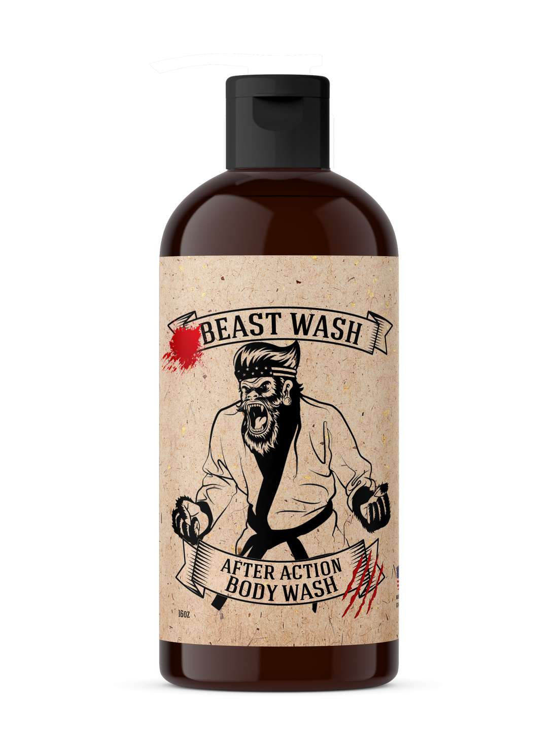 Bottle of Beast Wash After Action Body Wash with a label featuring a graphic of a bearded man.