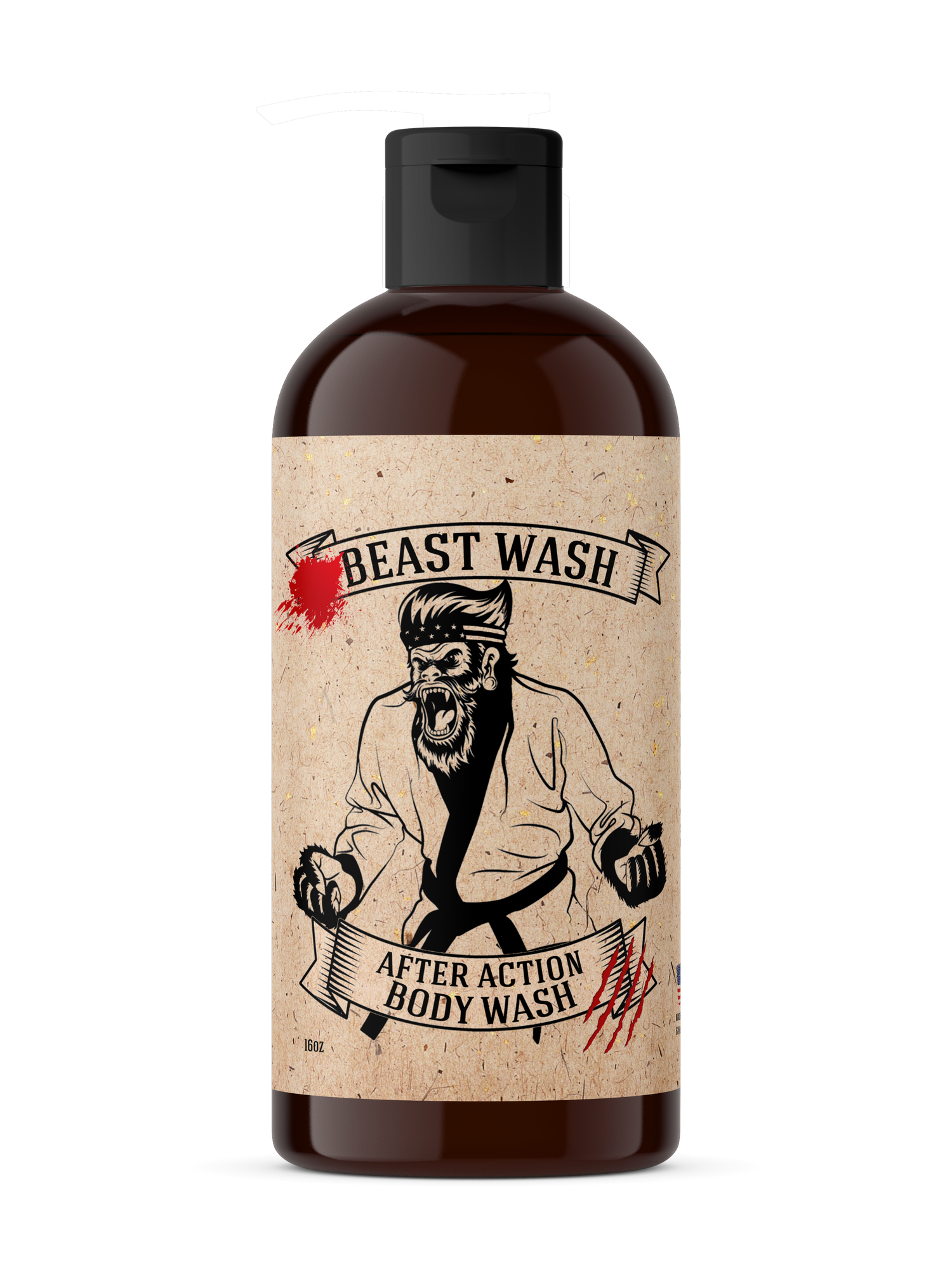 Bottle of Beast Wash After Action Body Wash with a label featuring a graphic of a bearded man.