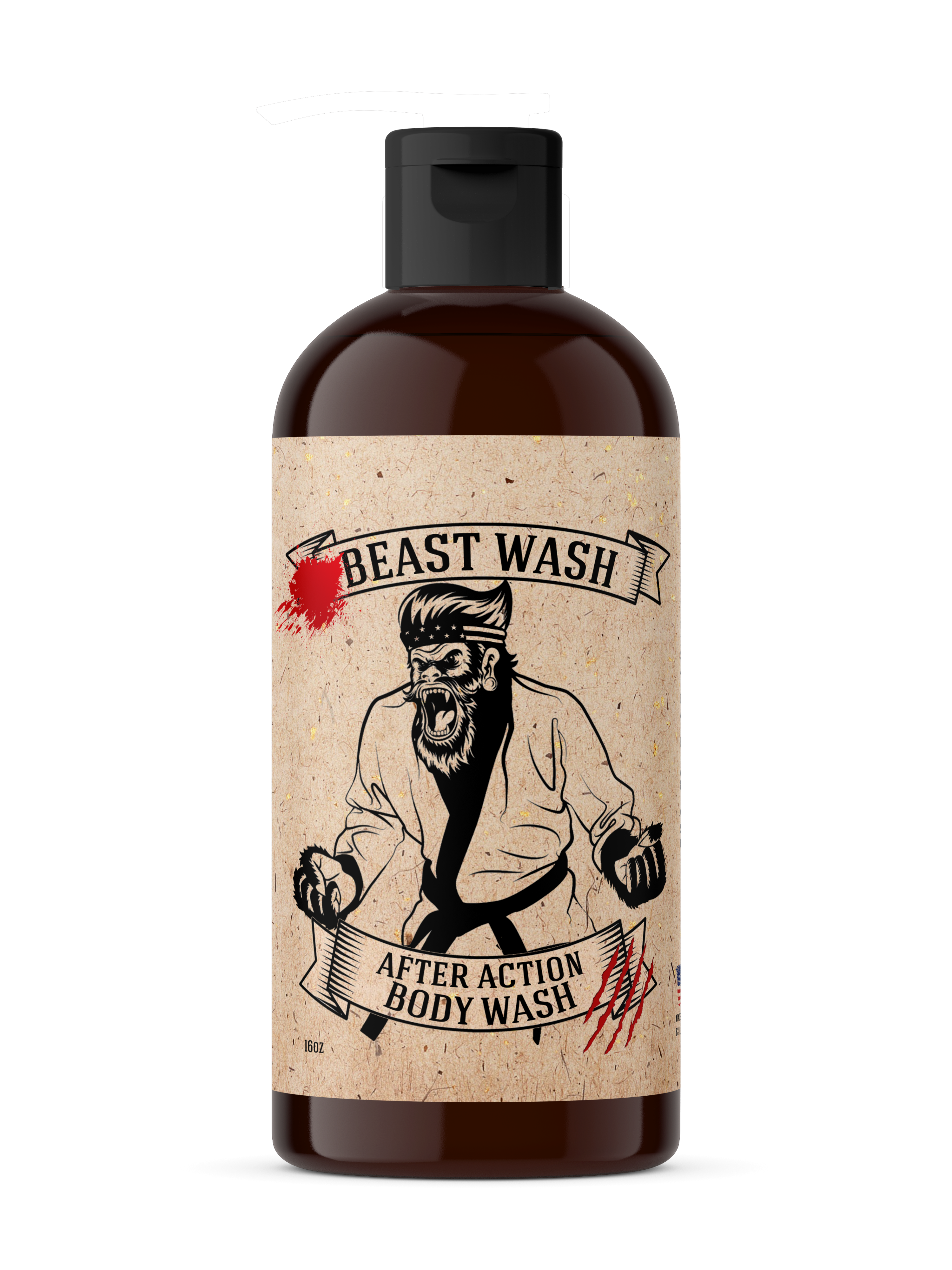 Bottle of Beast Wash After Action Body Wash with a label featuring a graphic of a bearded man.