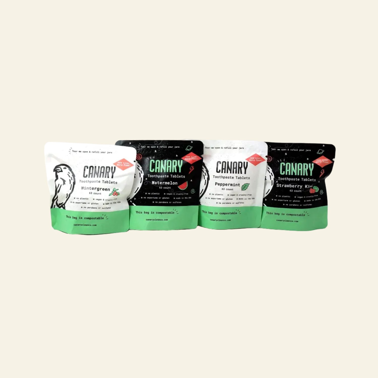 Canary Toothpaste Tablets 4 Pack of 1-month Sample Pouches 4 Pack Sampler of Canary Toothpaste Tablets