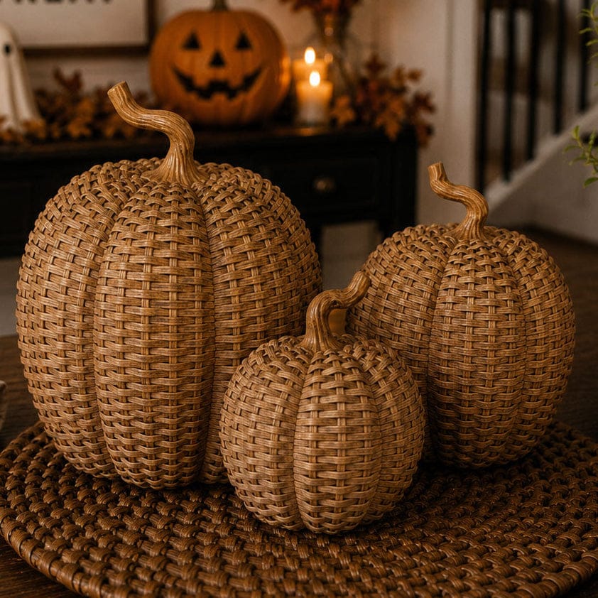 Gia Roma Basket Weave Statue Full Set of 3 Rattan Pumpkins