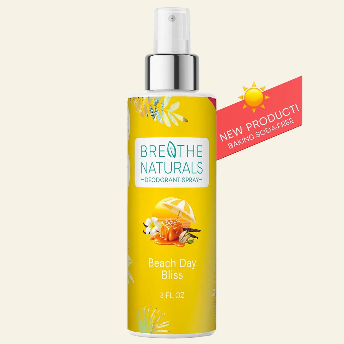 Deodorant spray bottle with yellow label featuring &