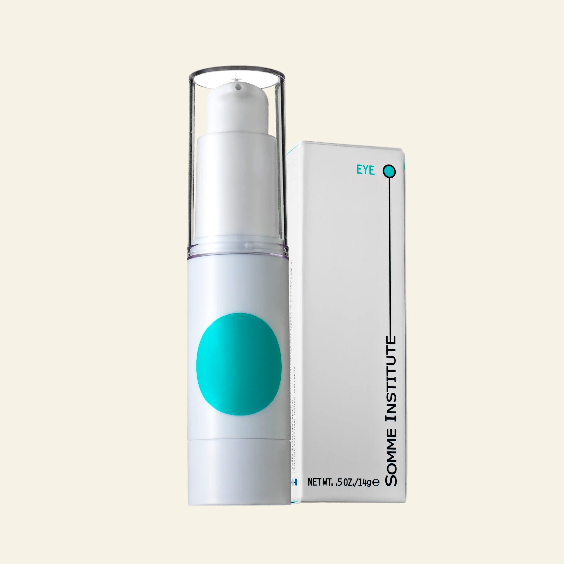Skincare bottle with teal circle andSomme Institute packaging on a white background