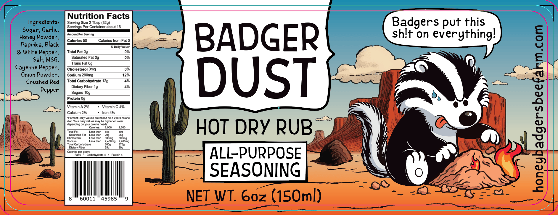 Honey Badgers Bee Farm All Natural Dry Rub Badger Dust Hot All- Purpose Seasoning