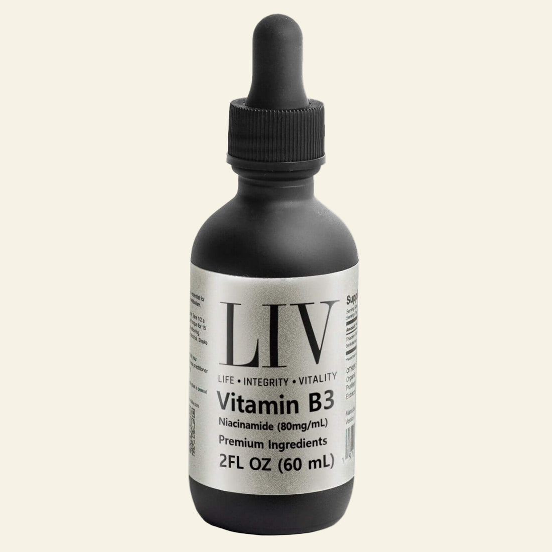 Bottle of LIV Vitamin B3 with a dropper on a white background