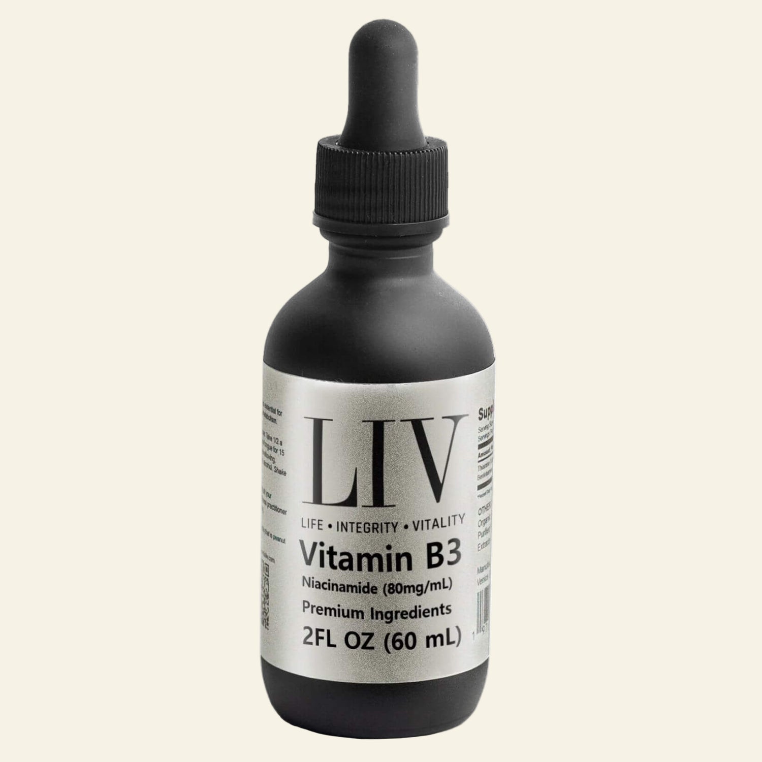 Bottle of LIV Vitamin B3 with a dropper on a white background