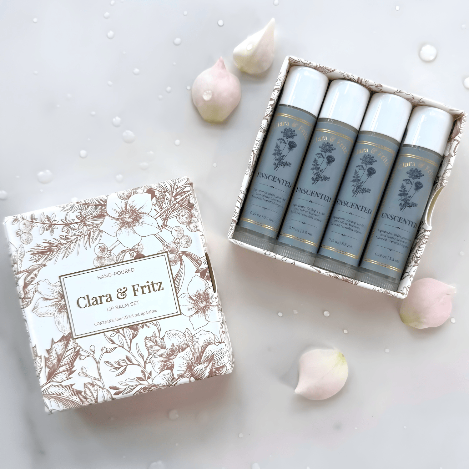 Clara &amp; Fritz Tallow Shop Lip Balm unscented Lip Balm Boxed Set (4 Pack)
