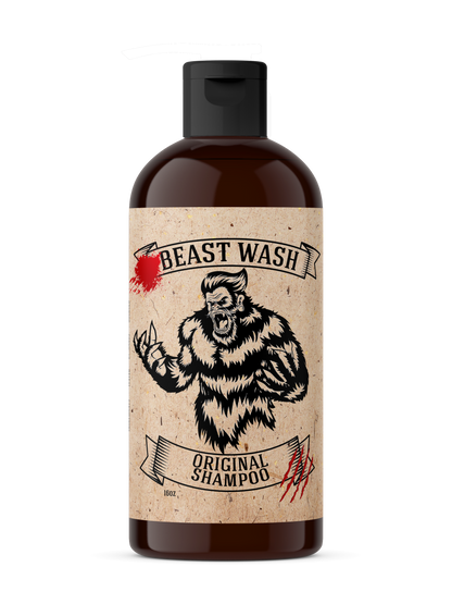 Bottle of Beast Wash Original Shampoo with a bear graphic on a white background