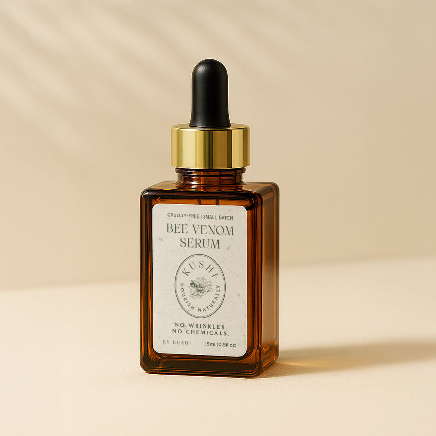 Bottle of bee venom serum with a dropper on a beige background