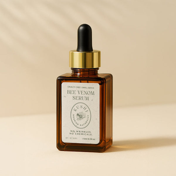 Bottle of bee venom serum with a dropper on a beige background