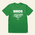 A green short-sleeve t-shirt with a white graphic print on the front featuring the word &