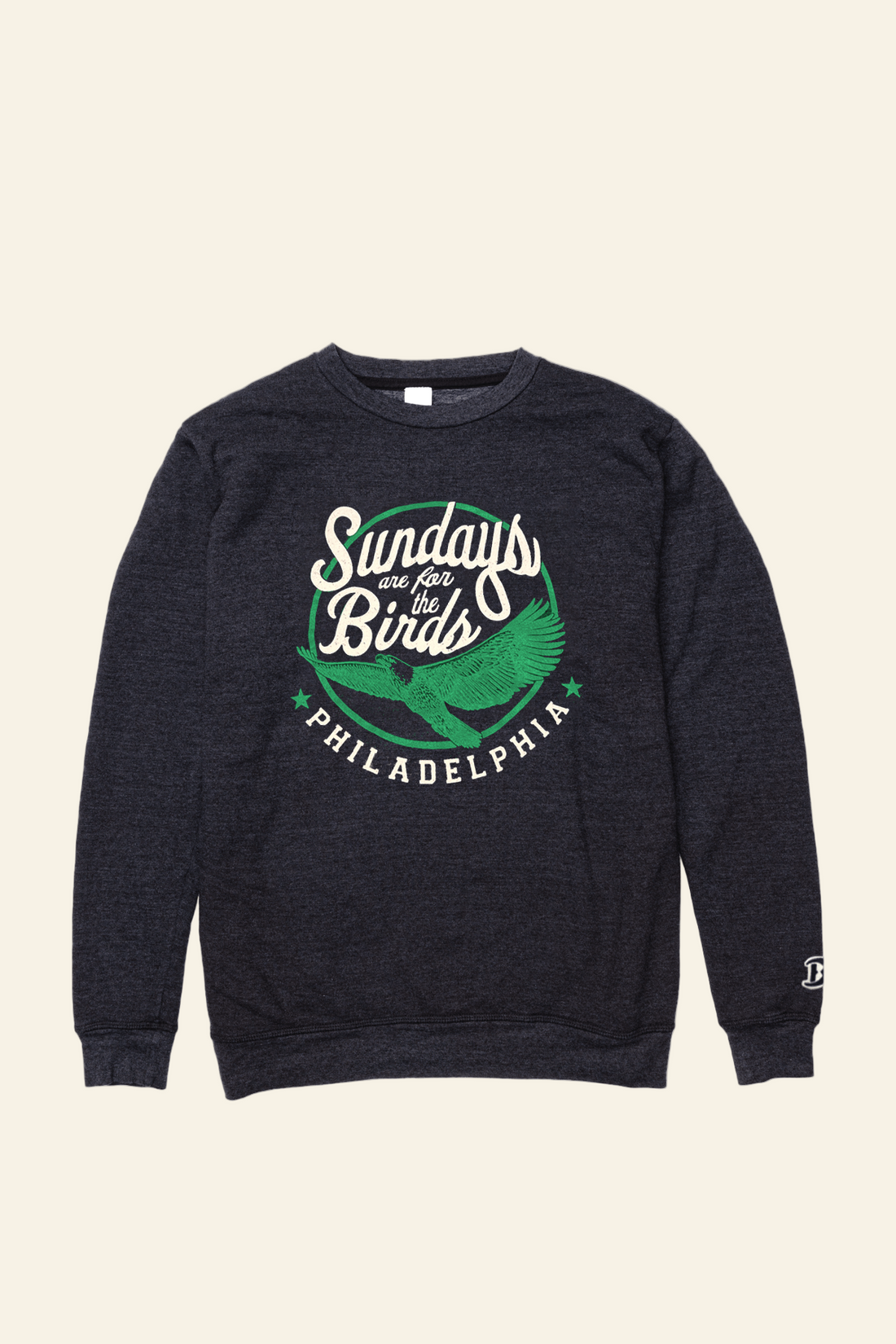 Black sweatshirt with green and white graphic design on a white background