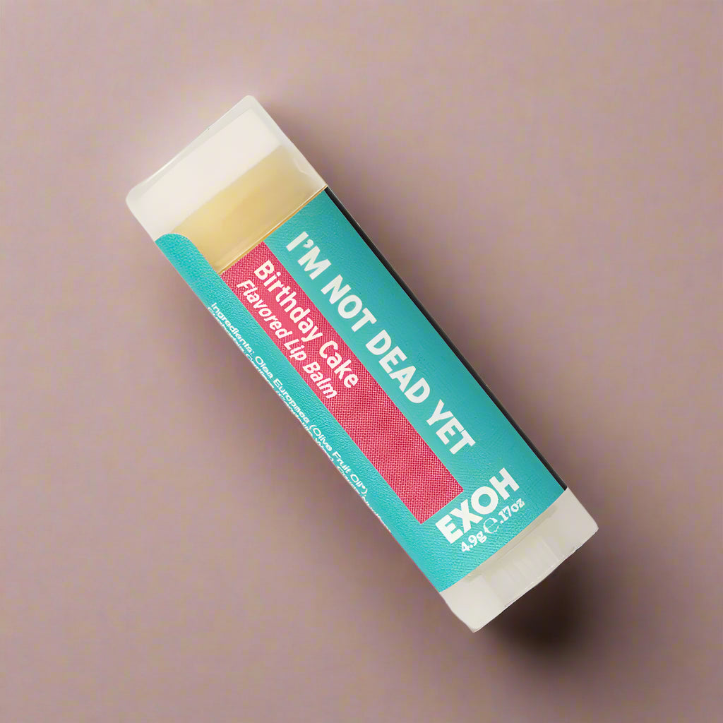 Lip balm with a colorful label on a white background
