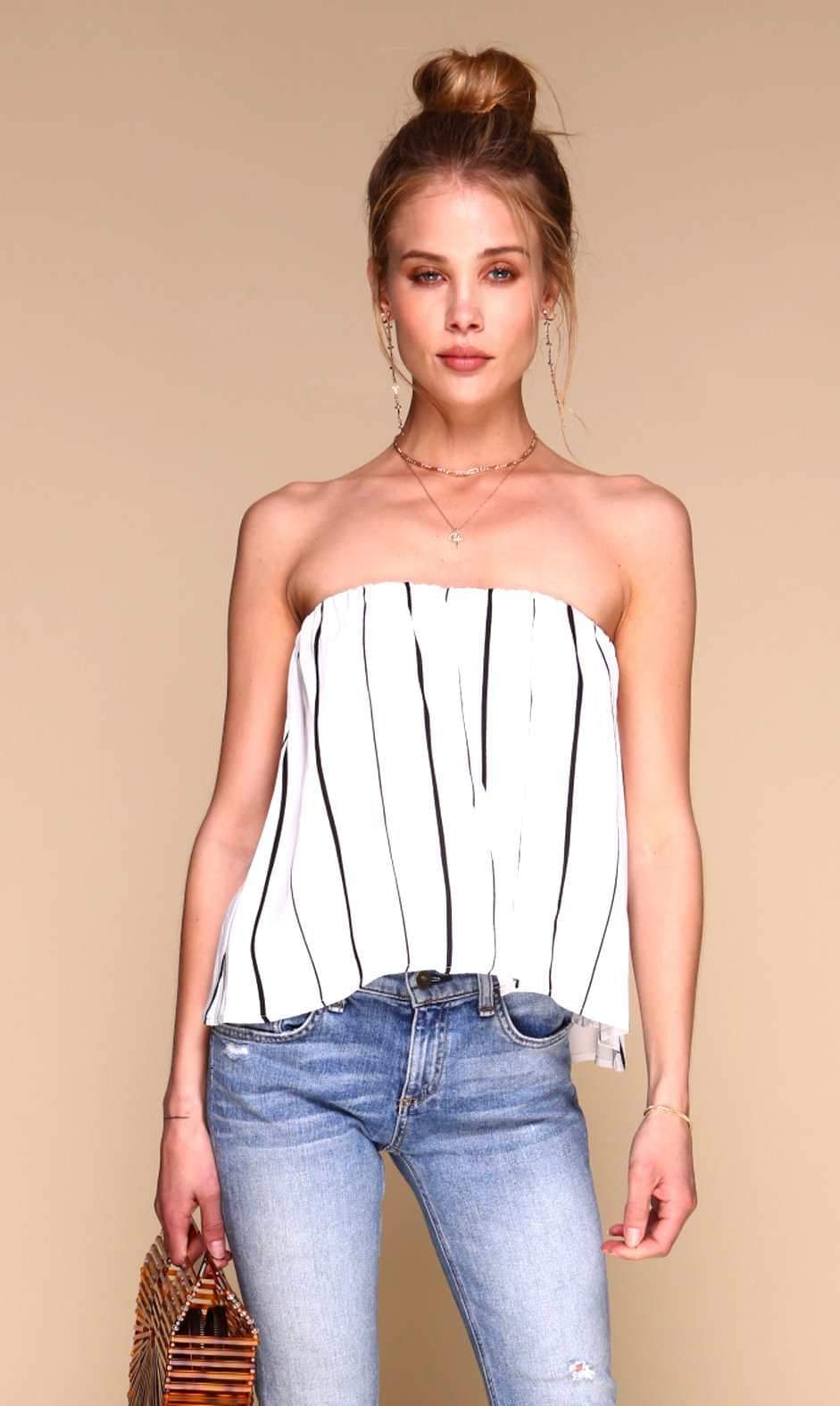 MERRITT CHARLES Tube Top Blossom Striped Top - White &amp; Black
