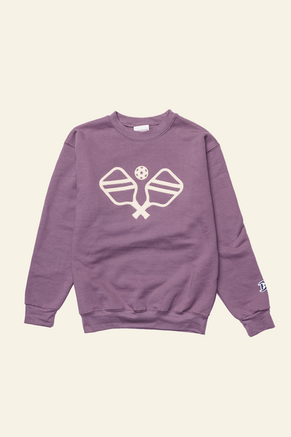Purple sweatshirt with a logo on a white background