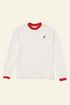 An off-white long-sleeve t-shirt with red ribbed collar and cuffs, featuring a small embroidered logo on the left chest and a small white tag near the bottom hem, displayed on a clean white background.