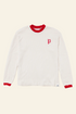 White long-sleeve shirt with red trim and logo on a white background