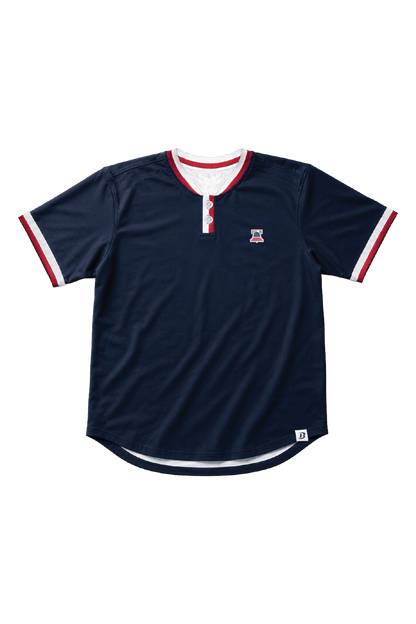 Navy blue sports jersey with red and white accents on a transparent background