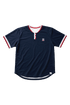Navy blue sports jersey with red and white accents on a transparent background