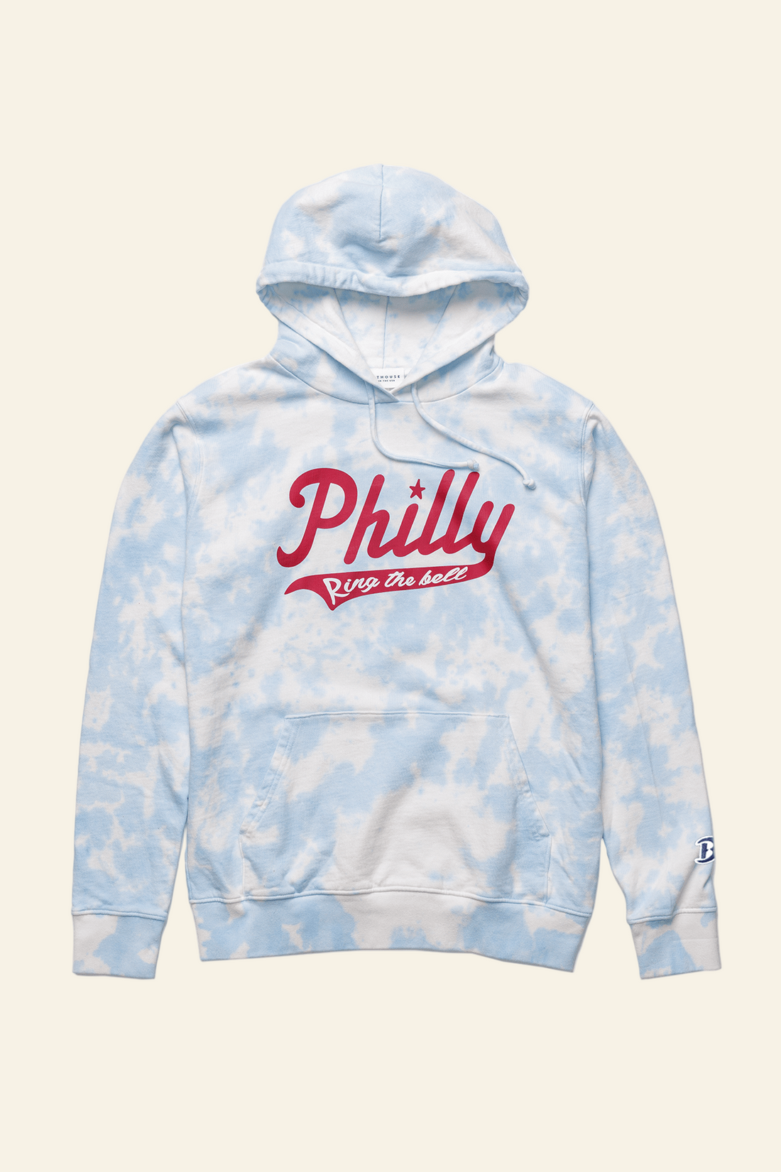 Blue and white tie-dye hoodie with &