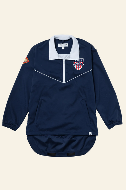 Navy blue sports jacket with white collar and logos on a white background