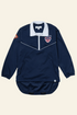 Navy blue sports jacket with white collar and logos on a white background
