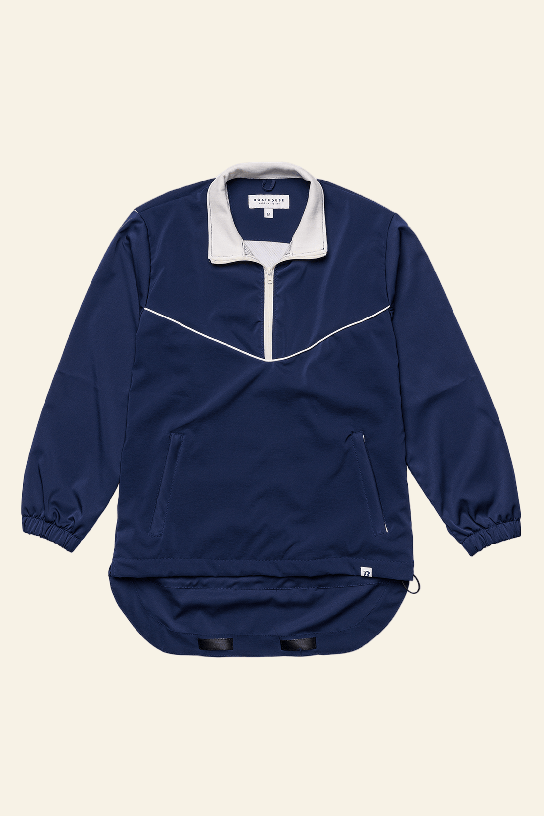 Navy blue pullover with white collar on a white background