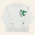 A light heather gray long-sleeve mock neck sweatshirt featuring a green and white graphic of a hockey player and the number 5 on the left chest, with a small script logo on the right sleeve and a small &