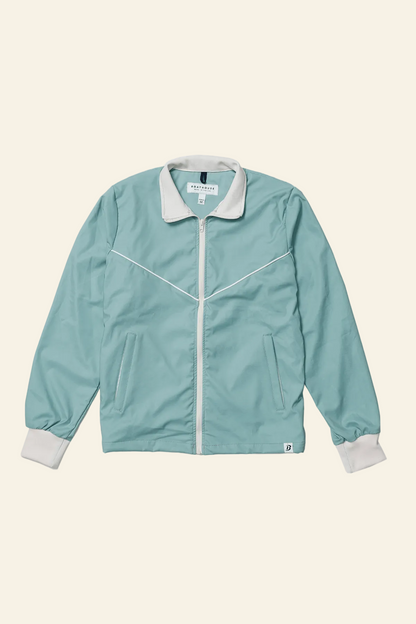 Light blue jacket with white collar and cuffs on a white background