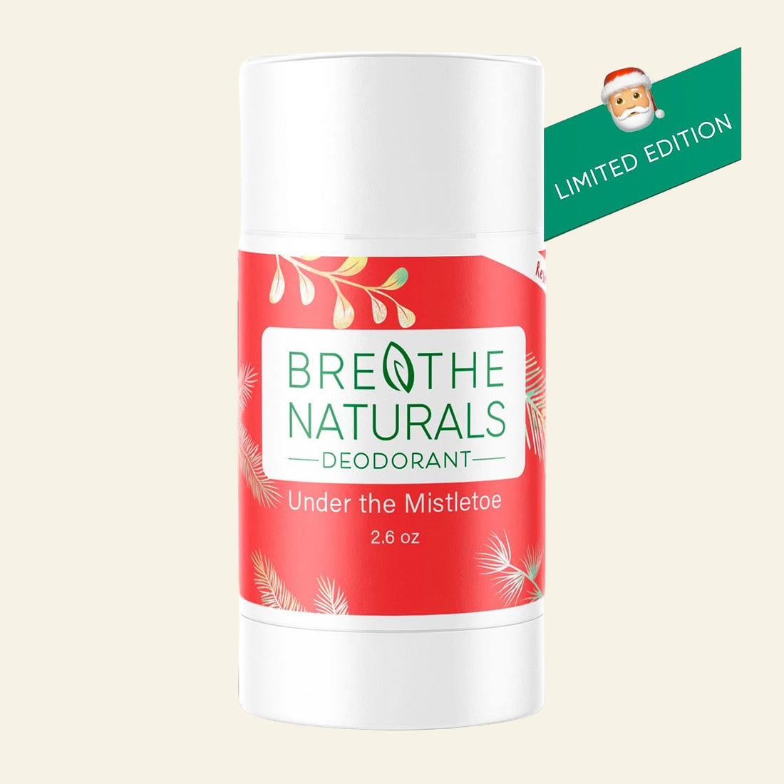 Breathe Naturals deodorant stick with a red label and &